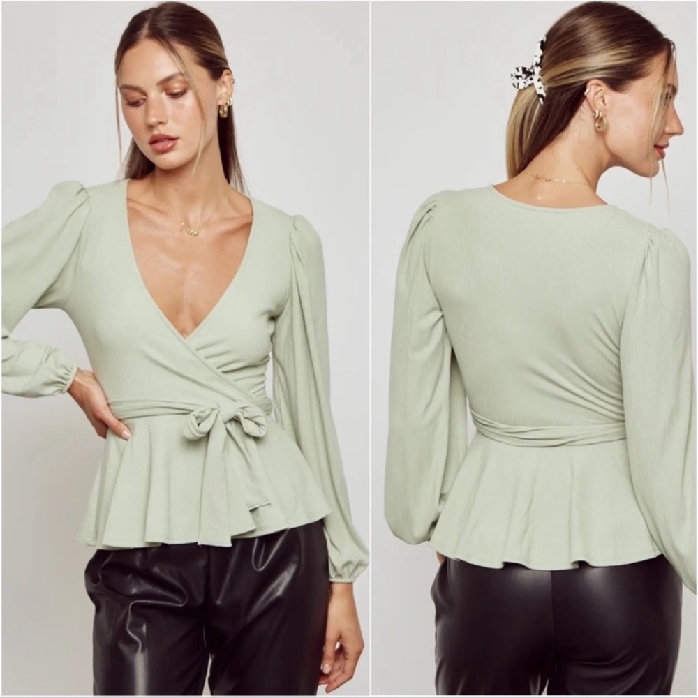 New Light Green Surplice Women's Spring Ribbed Long Sleeve Blouse